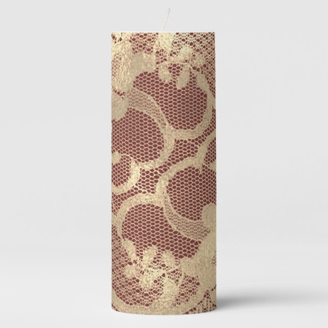 Lace Faux Gold Sepia Floral Burgundy Maroon Pillar Candle (Front)