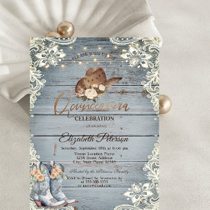 Lace Floral Boots Blue Wood Quinceañera Invitation