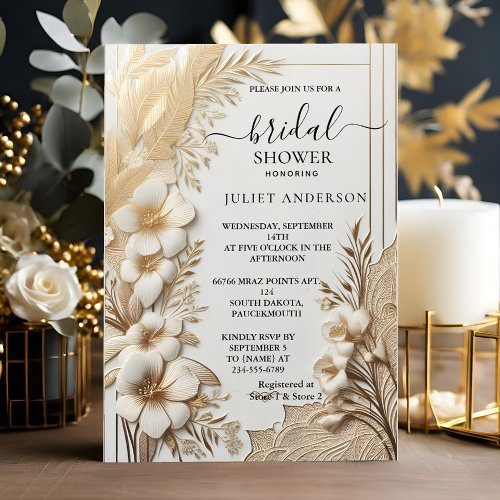 Lace Floral Gold Foil Embossed Bridal Shower Invitation