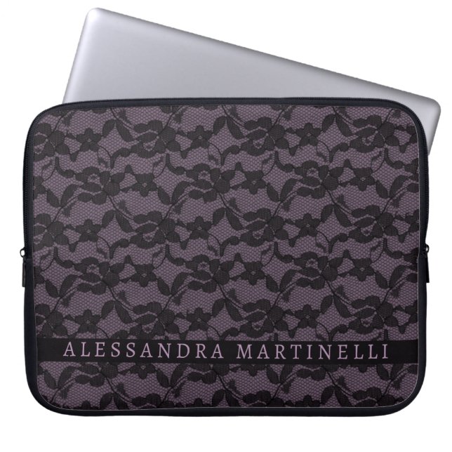 Lace Floral Laptop Sleeve – Personalized Lavender  (Front)