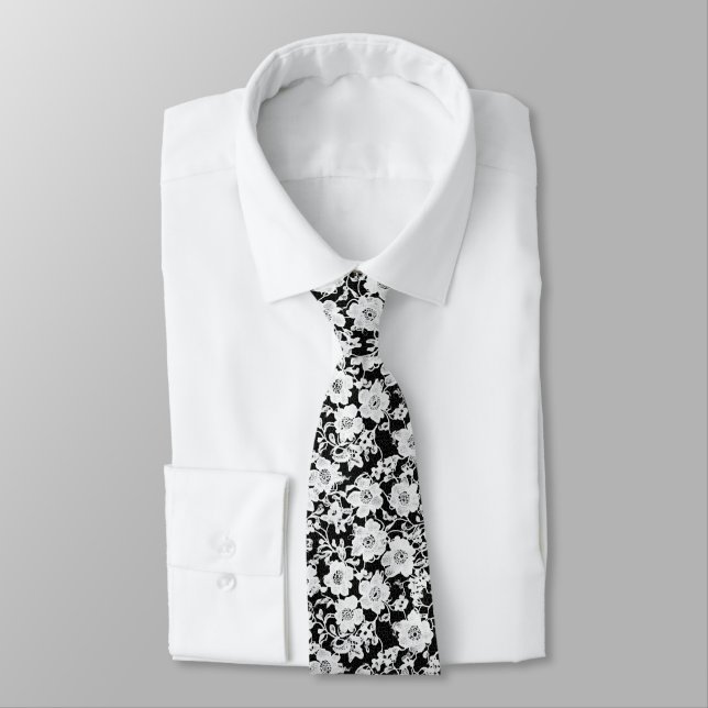 Lace Flower White Pattern Neck Tie (Tied)