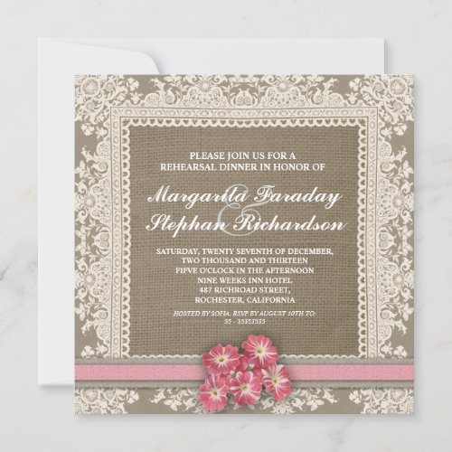 lace flowers &amp; burlap rehearsal dinner invitations