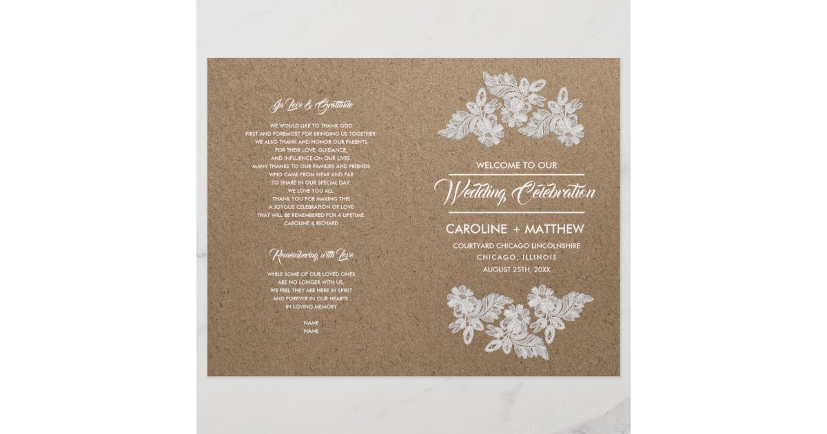 Lace Flowers Kraft Paper Folded Wedding Programs Zazzle Com