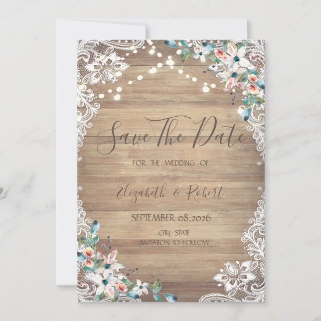 Lace Flowers Wood Texture, Lights Save The Date (Front)