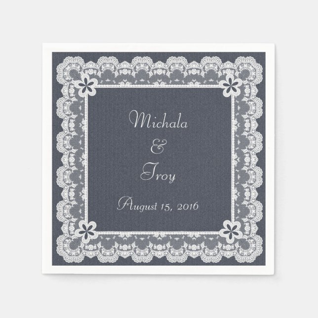Lace Frame Blue Denim Wedding Paper Napkins (Front)