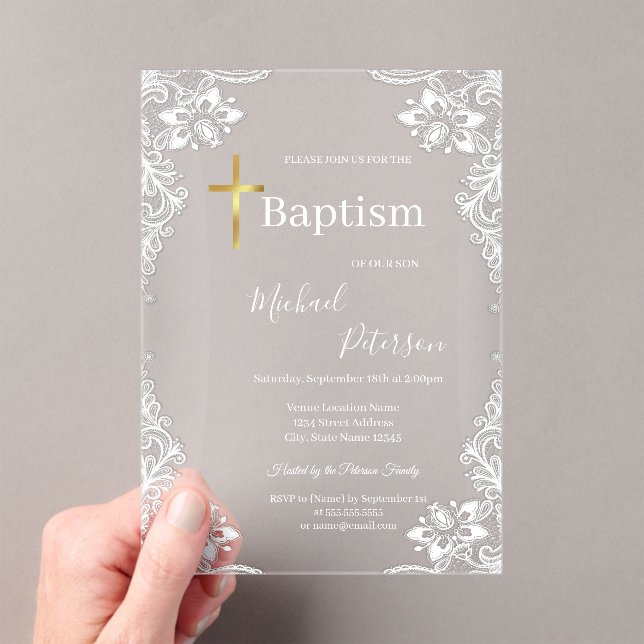 Lace Gold Cross Baptism Dusty Blue  Acrylic Invitations (Insitu (Handheld))
