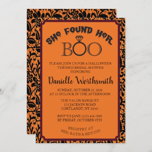 Lace Halloween She Found Her Boo Bridal Shower Invitation