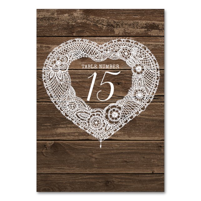 Lace heart art wood rustic country table numbers (Back)