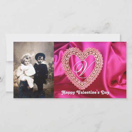 LACE HEART MONOGRAM SILK FUCHSIA CLOTH  Pink Red Holiday Card