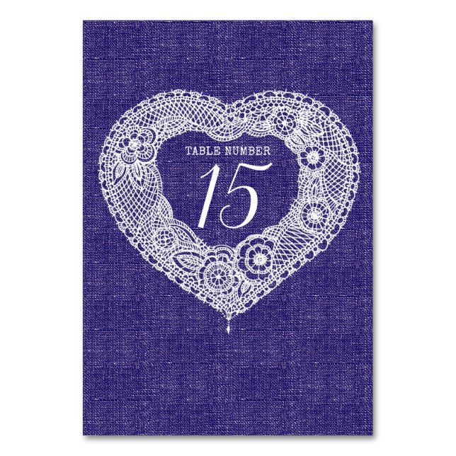 Lace heart navy faux fabric country table numbers (Back)