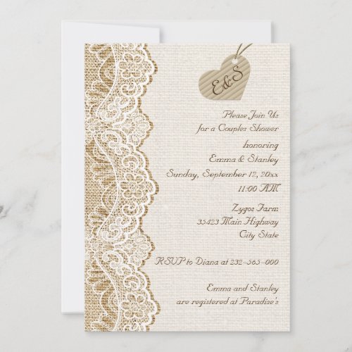 Lace &amp; heart on burlap wedding couples shower personalized invitations