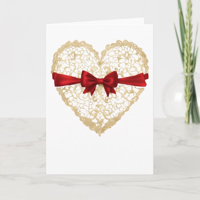 Lace Heart Red Ribbon Valentine's Day Heart Card (Front)