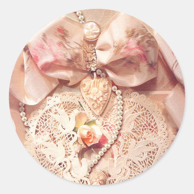 LACE HEART, ROSES & PEARLS by SHARON SHARPE Classic Round Sticker (Front)