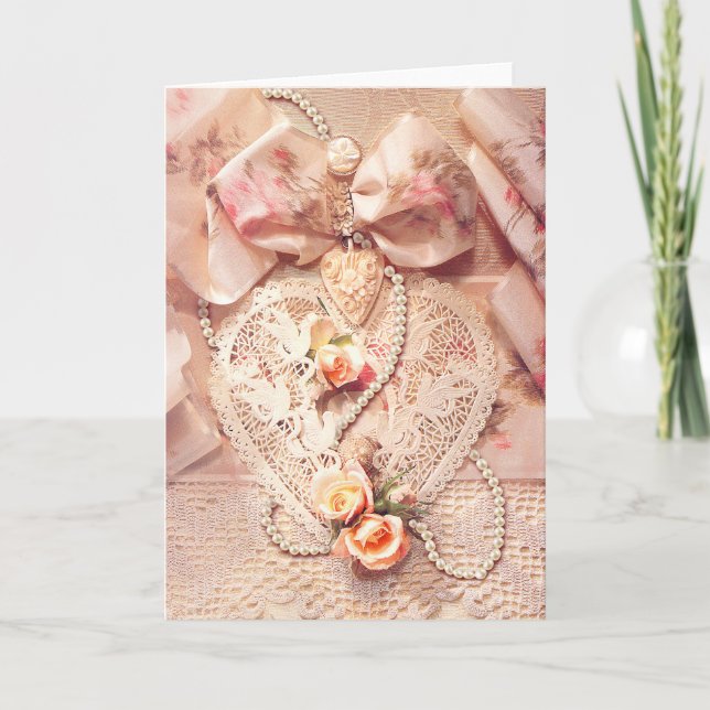 LACE HEART, ROSES & PEARLS by SHARON SHARPE Holiday Card (Front)
