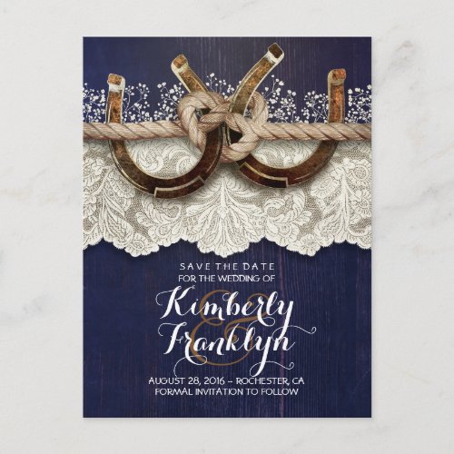 Lace Horseshoes Rustic Country Navy Save the Date Announcement Postcard