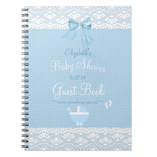 Lace Image Blue Bow Pretty Baby Shower Guest Book_ Notebook