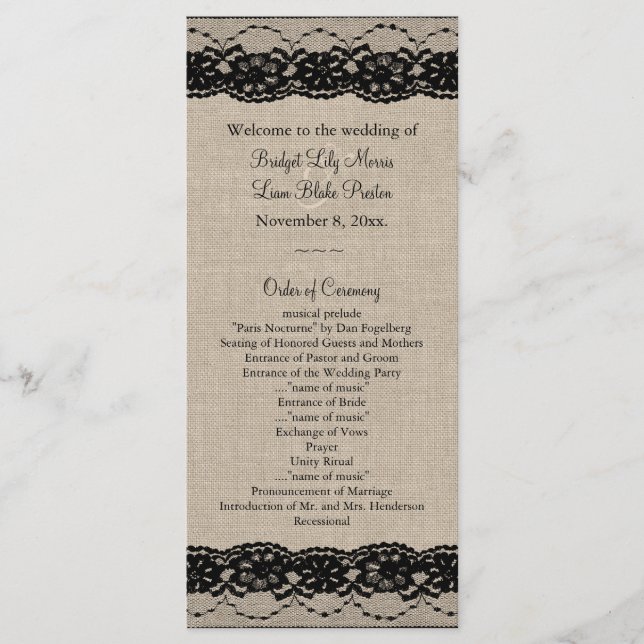 Lace in Black on Burlap Wedding Program (Front)