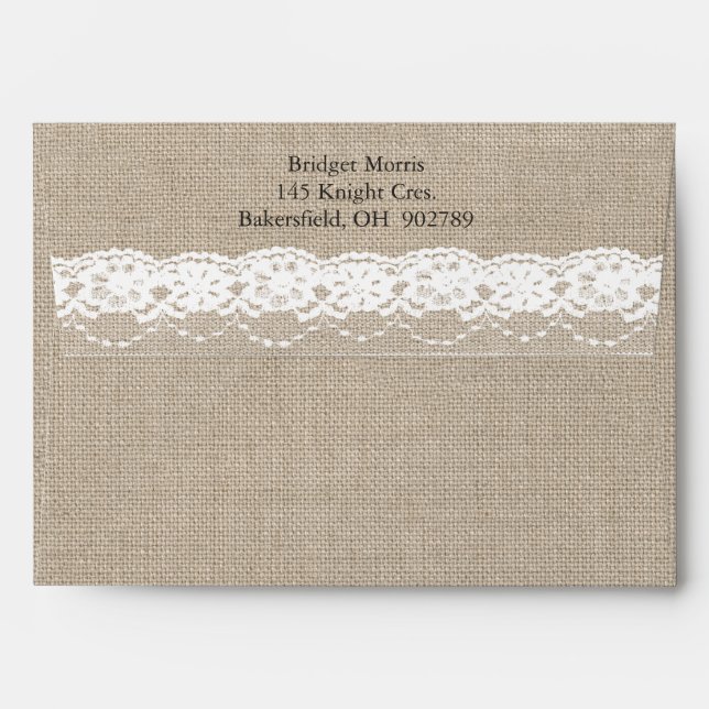 Lace in White on Burlap Envelope (Back (Top Flap))