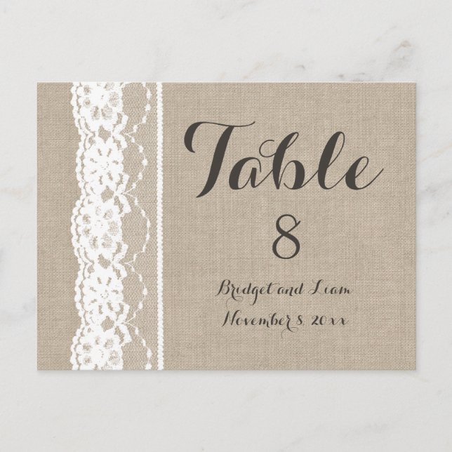 Lace in White on Burlap Table Number (Front)