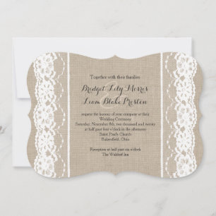 Lace in White on Burlap Wedding Invitation 2