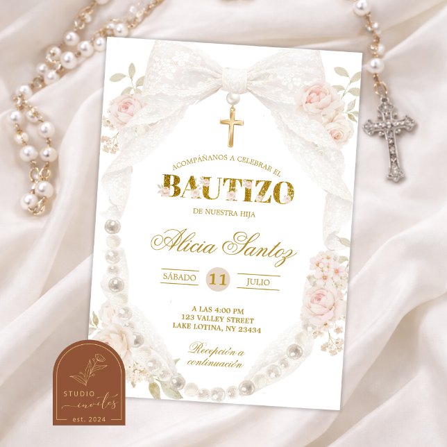 Lace Ivory Bow Pearl Bautizo Invitation (Creator Uploaded)