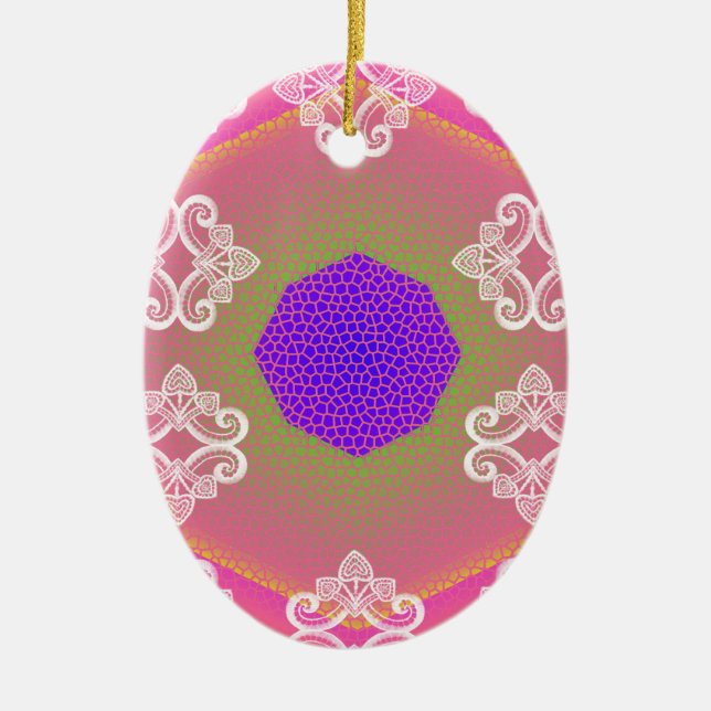 Lace Kaleidoscope Pink Ceramic Ornament (Front)