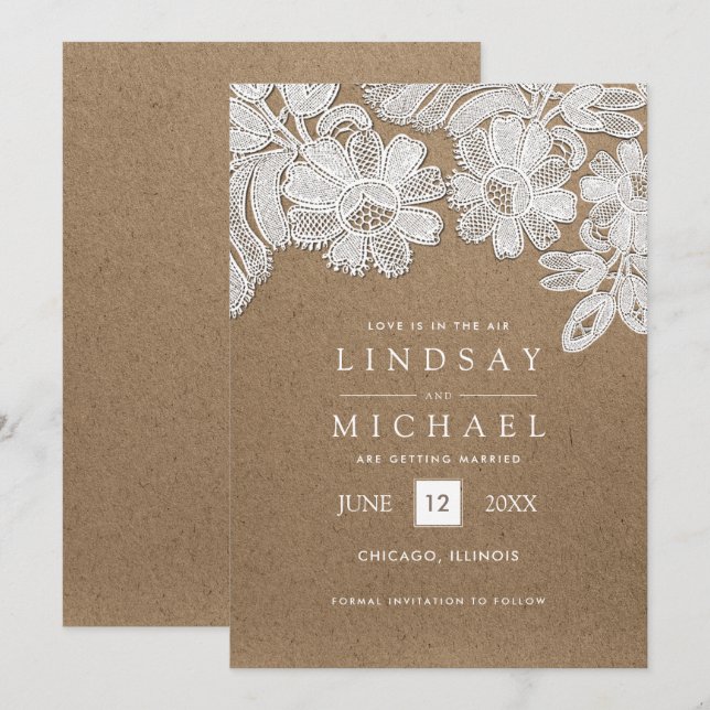 Lace | Kraft Paper Wedding Save the Date Cards (Front/Back)
