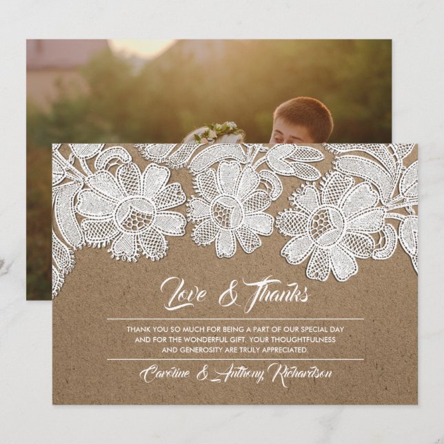 Lace | Kraft Paper Wedding Thank You Photo Cards (Front/Back)
