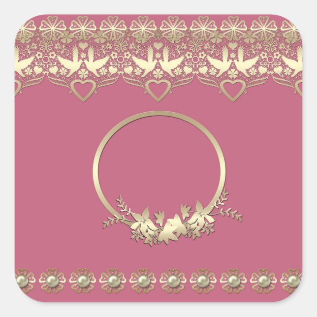 Lace lacy frame golden romantic customizable text square sticker (Front)