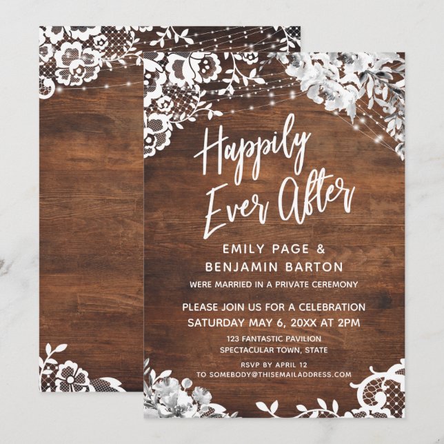 Lace, Lights & Floral on Wood Happily Ever After Invitation (Front/Back)