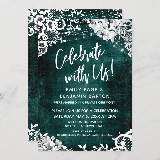 Lace, Lights & Floral over Teal Celebrate with Us Invitation (Front/Back)