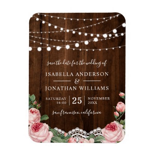 Lace  Lights  Rustic Rose Wedding Save The Date Magnet