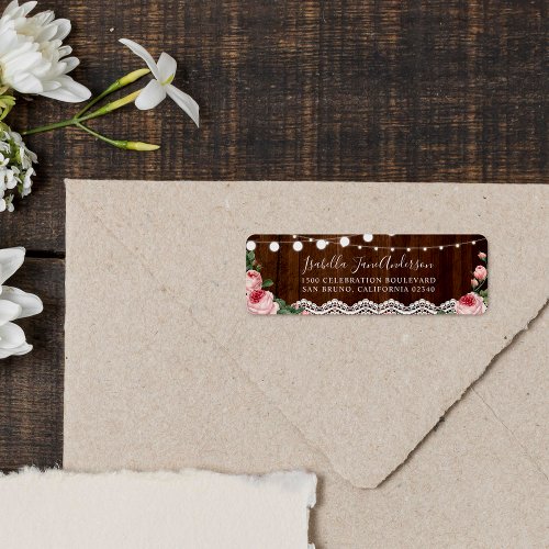 Lace  Lights  Rustic Wood  Rose Return Address Label