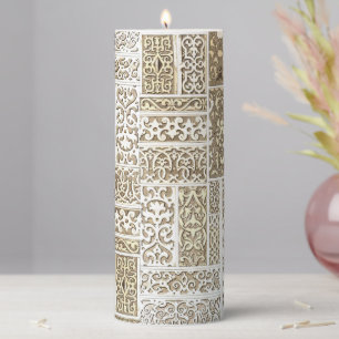 Lace Like Gothic Beige and White Neutral Pattern Pillar Candle