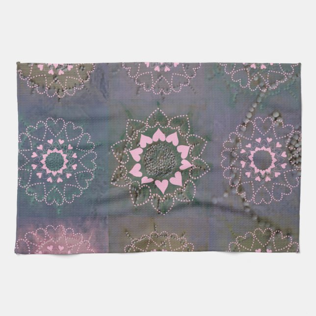 Lace-like Pink Heart Mandala and Grey Kitchen Towel (Horizontal)