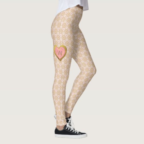 Lace_look Pattern with Pink  Gold Heart Monogram Leggings