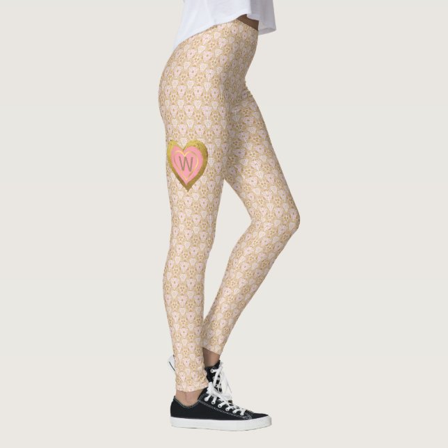 Lace-look Pattern with Pink & Gold Heart Monogram Leggings (Right)