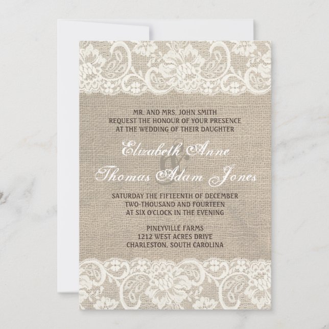 Lace Look Rustic Burlap Wedding Invitation (Front)