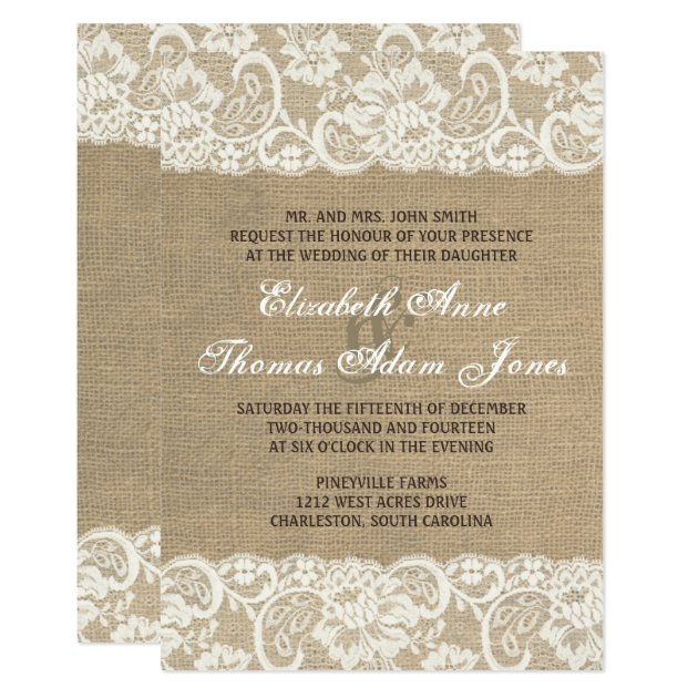 Lace Look Rustic WARM Burlap Wedding Invitation