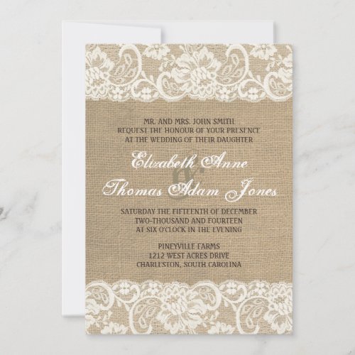 Lace Look Rustic WARM Burlap Wedding Invitation
