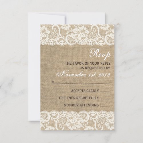 Lace Look Rustic WARM Burlap Wedding RSVP Card