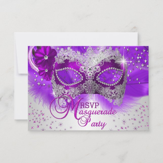 Lace Mask Purple Silver Masquerade RSVP Card (Front)