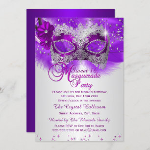 Lace Mask Purple Silver Masquerade Sweet 16 Invitation