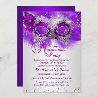 Lace Mask Purple Silver Masquerade Sweet 16 Invitation
