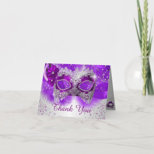 Lace Mask Purple Silver Masquerade Thank You Card