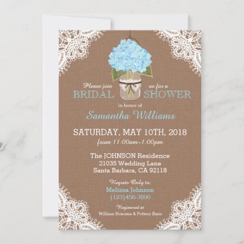 Lace Mason Jar Blue Hydrangea Rustic Bridal Shower Invitation