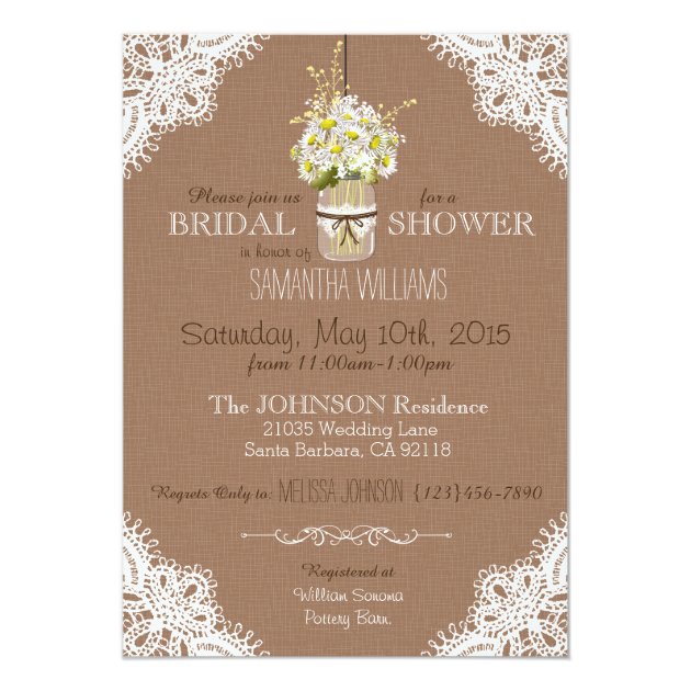 Lace Mason Jar Daisies Rustic Bridal Shower Invitation
