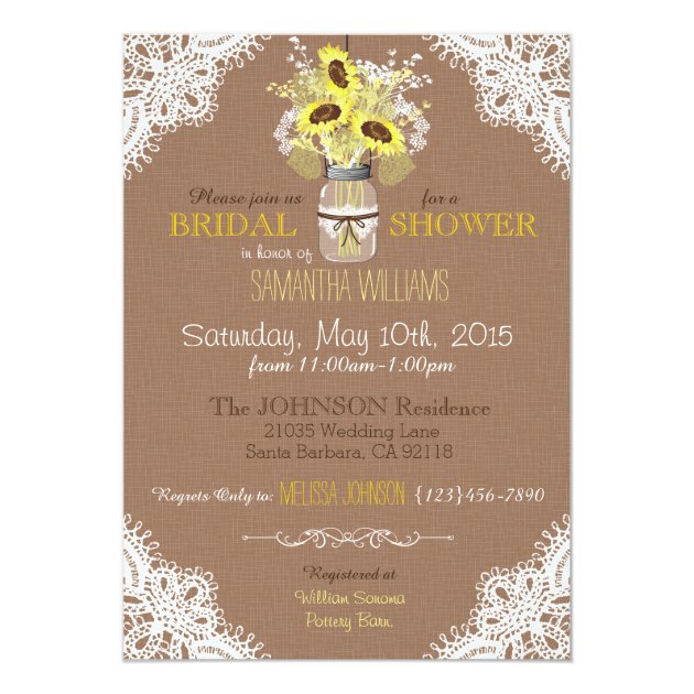 Lace Mason Jar Sunflower Rustic Bridal Shower Invitation
