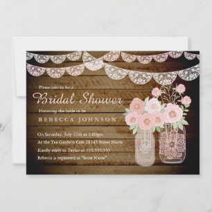 Lace Mason Jar Wood Bridal Shower Invite