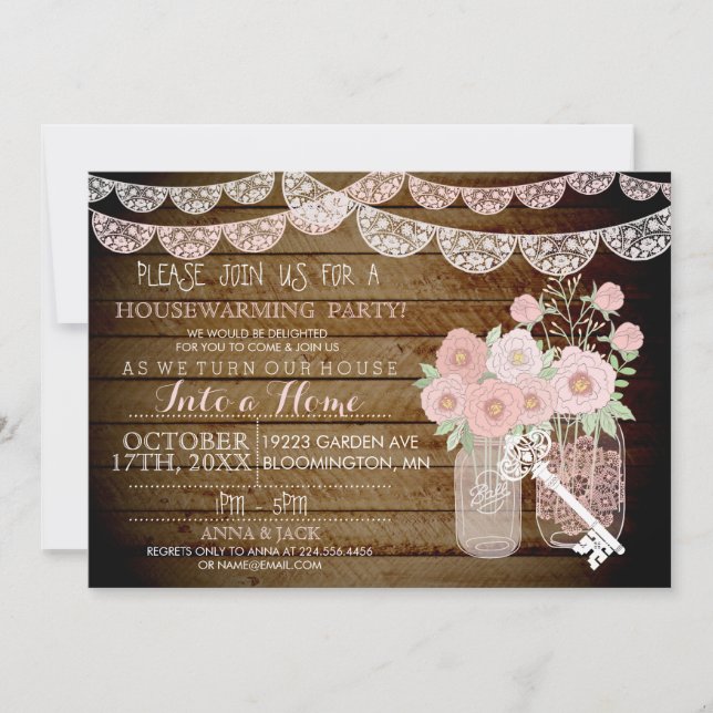 Lace Mason Jar Wood Housewarming Invite (Front)